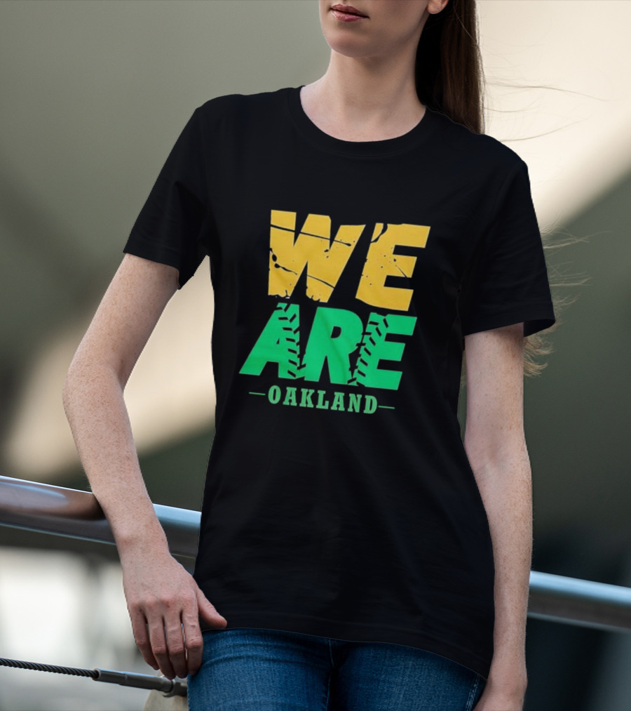 WE ARE OAKLAND Yellow Green Text Baseball Seam T-Shirt