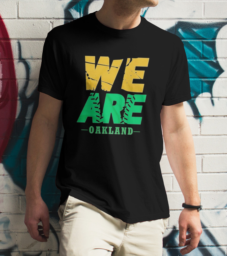 WE ARE OAKLAND Yellow Green Text Baseball Seam T-Shirt