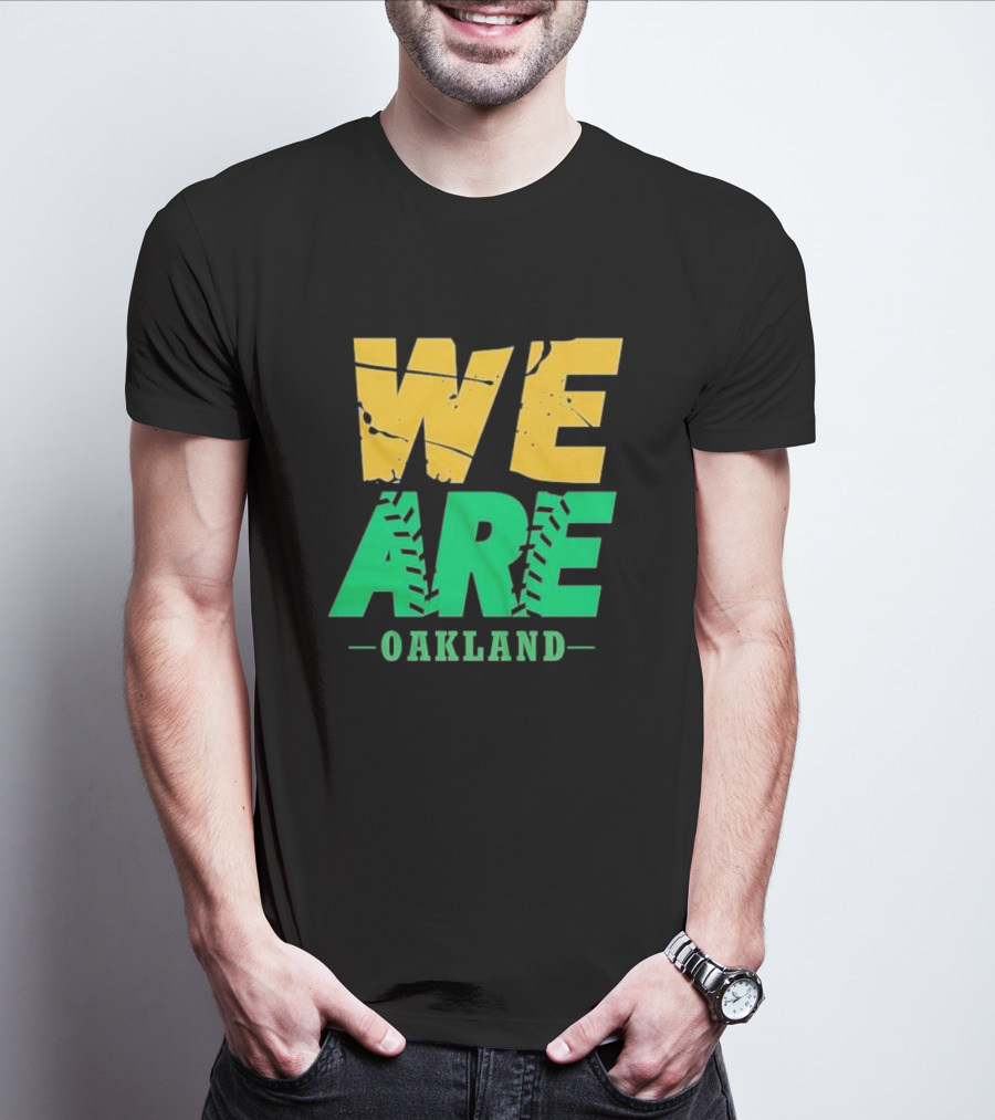 WE ARE OAKLAND Yellow Green Text Baseball Seam T-Shirt