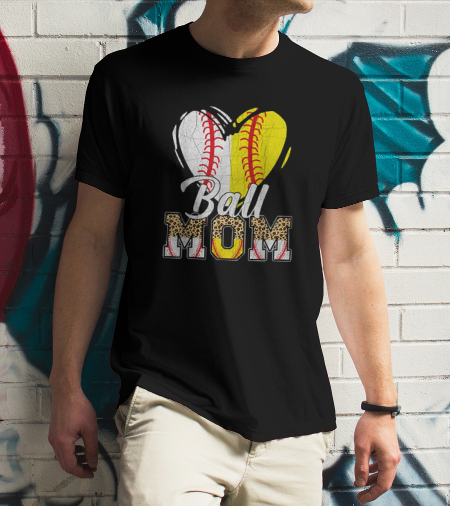 Ball Mom Heart Leopard Baseball Softball Vintage Women T-Shirt