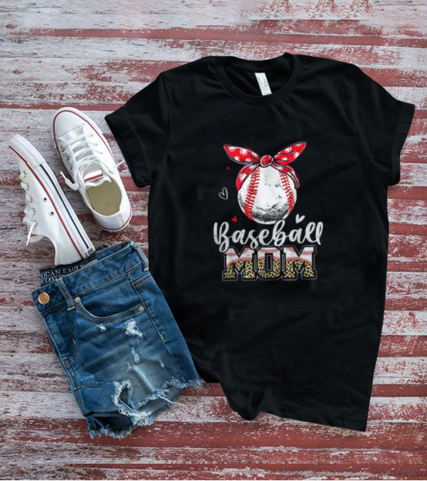 Leopard Baseball Mom Red Headband Baseball Ball Mother's Day Mama T-Shirt