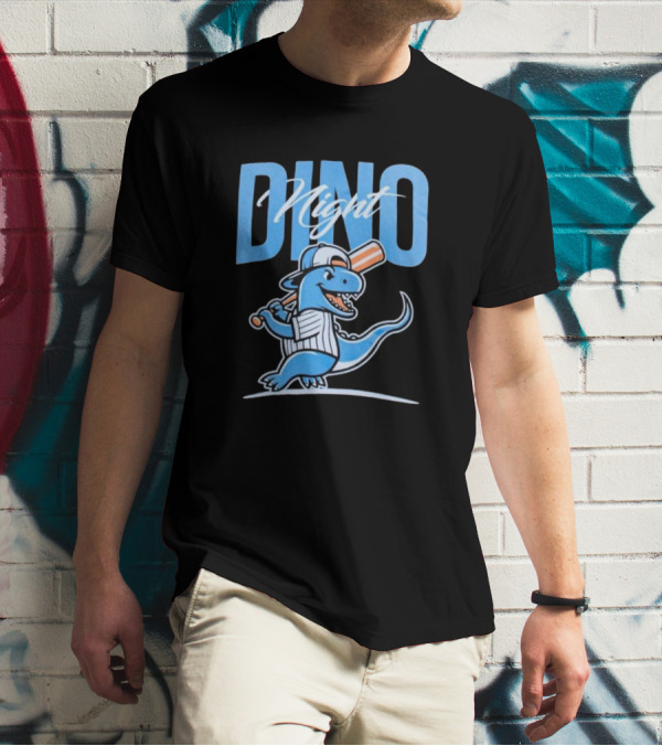 Dino Night Baseball Player Dinosaur In Cap With Bat T-Shirt