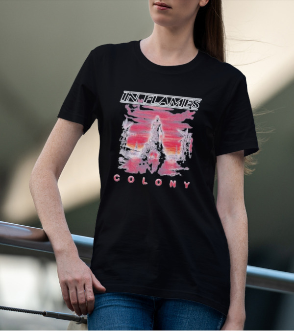 In Flames Colony Silhouette And Abstract Pink Brushstrokes T-Shirt