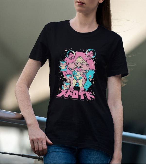 Metroid Pop Art Space Hero Anime Style Pink And Blue Retro T-Shirt