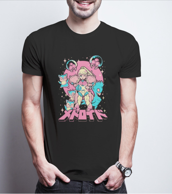 Metroid Pop Art Space Hero Anime Style Pink And Blue Retro T-Shirt