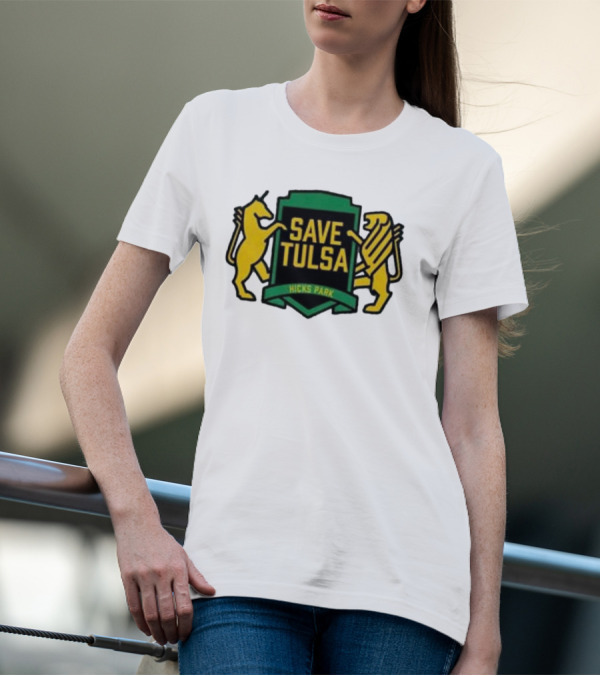 Save Tulsa Kicks Park Yellow Lion And Griffin Shield T-Shirt