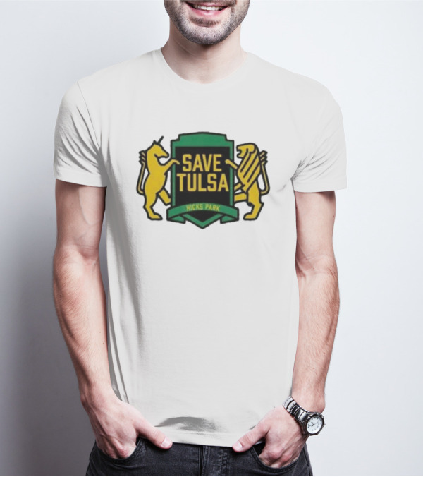 Save Tulsa Kicks Park Yellow Lion And Griffin Shield T-Shirt