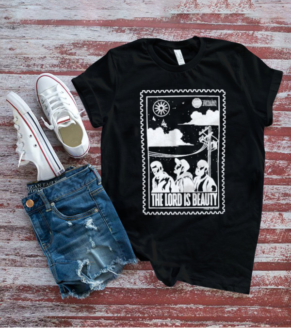 The Lord Is Beauty Three Figures Under Night Sky Clouds Birds Sun And Powerlines T-Shirt