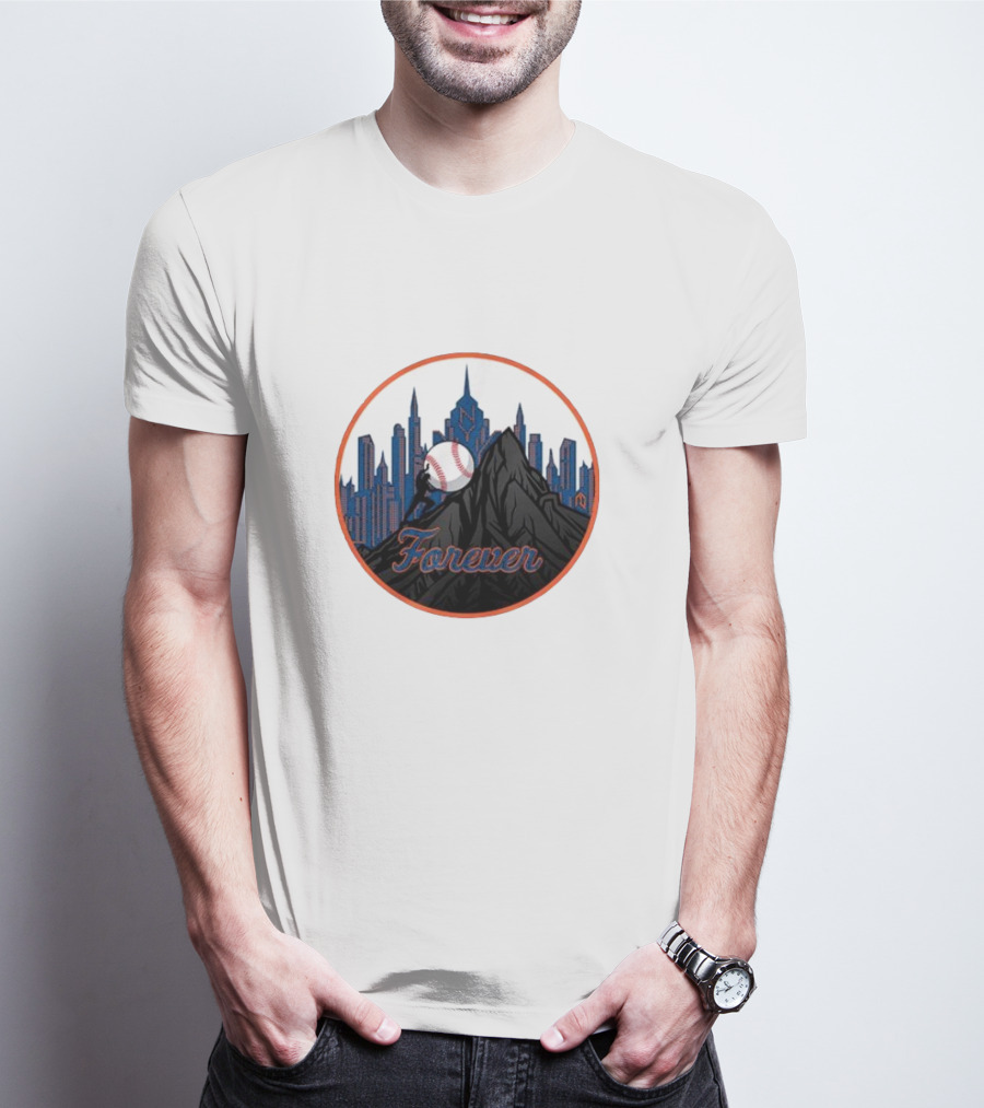 New York Met Fan Forever Skyline Baseball Statue T-Shirt