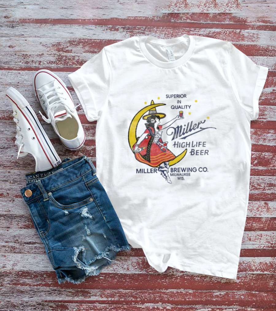 Superior Quality Miller High Life Beer Moon Lady Milwaukee Brewing Co T-Shirt