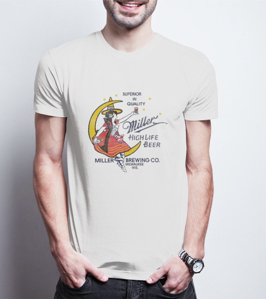 Superior Quality Miller High Life Beer Moon Lady Milwaukee Brewing Co T-Shirt