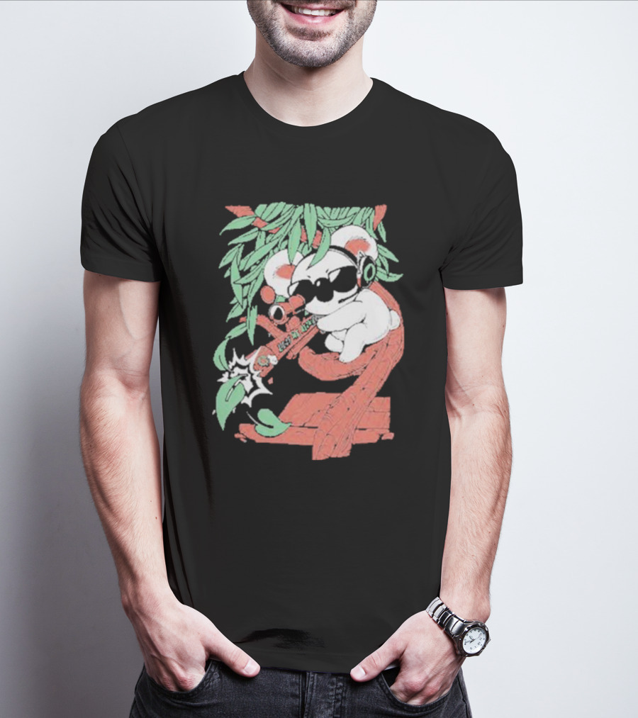 Flyquest Leaf Me Alone Koala Sniper On Tree Branch With Sunglasses And Headphones T-Shirt