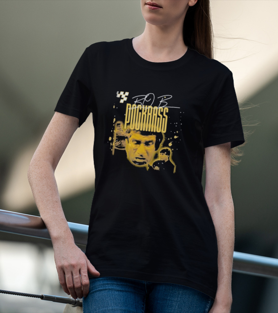 BOB POCKRASS Racing Icon Yellow Portrait Checkerboard Background T-Shirt