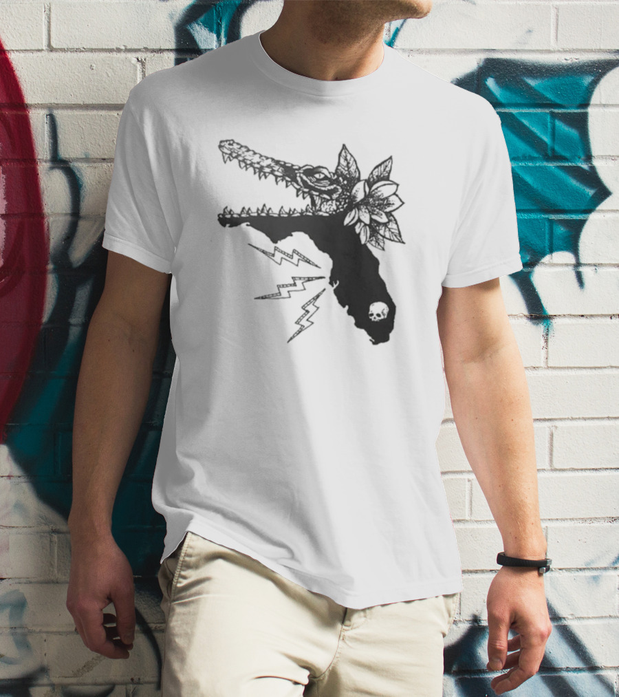 Florida Will Eat You - Alligator Skull Lightning Magnolia Map T-Shirt