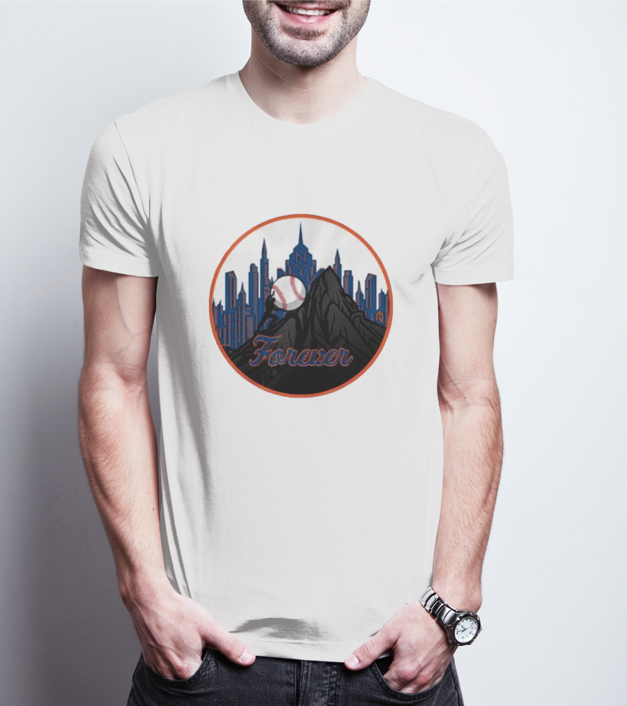 One Must Imagine A Met Fan Happy Forever Baseball Skyline Iconic City Background T-Shirt
