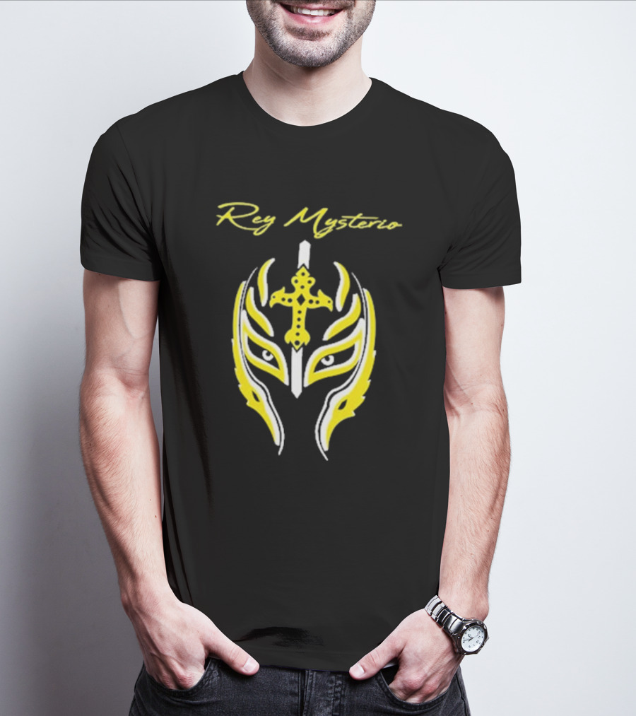 Rey Mysterio Cross Mask Icon With Yellow And White Accents T-Shirt