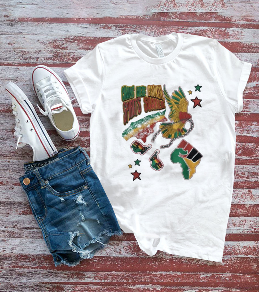 Chains Were Broken Spirits Soared Rasta Colors Fist Bird Stars T-Shirt