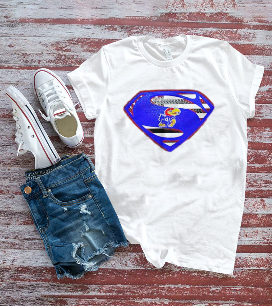 Kansas Jayhawks Superman Logo With USA Flag T-Shirt