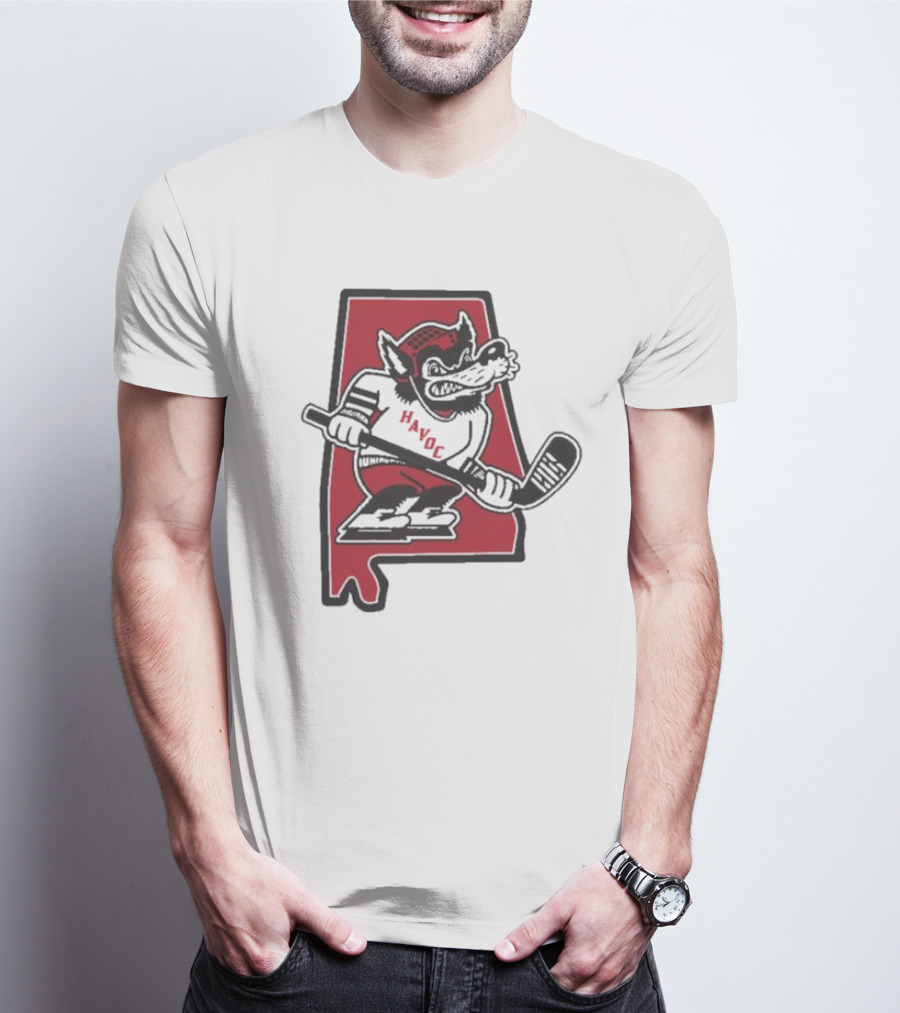 Havoc Retro Wolf Hockey Red Alabama Outline T-Shirt