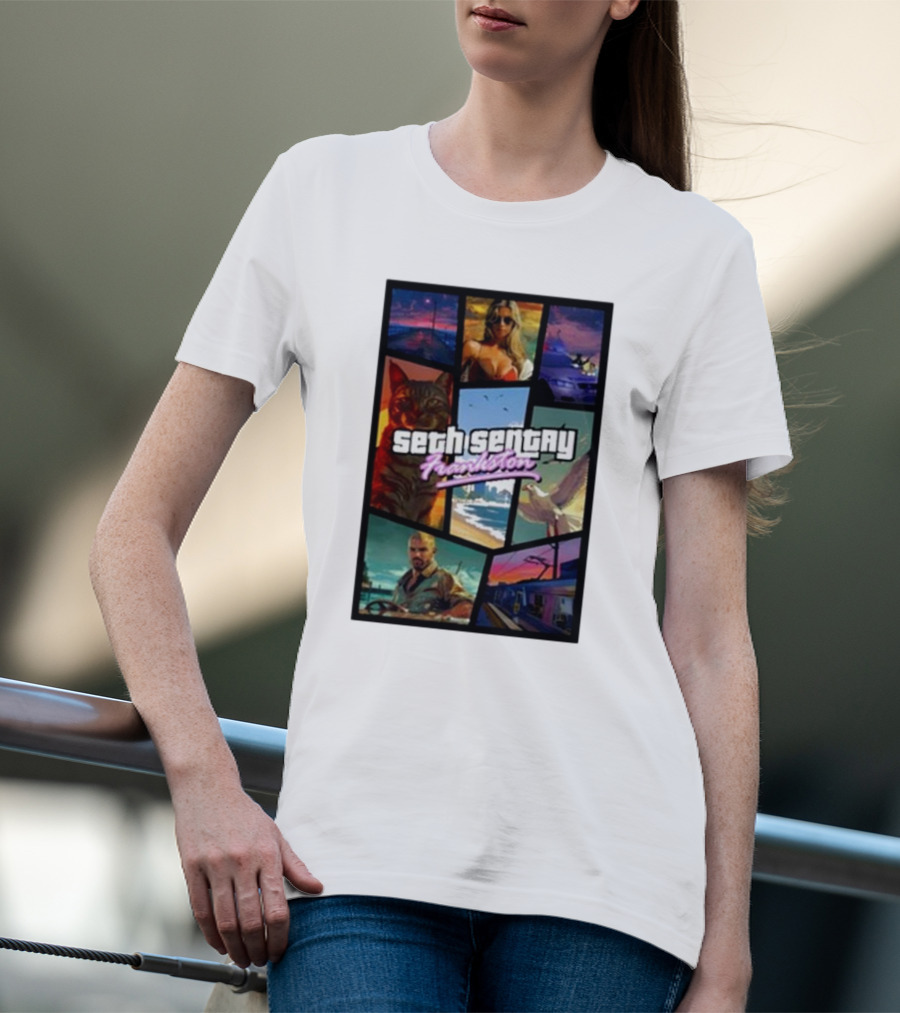 Seth Sentry Frankston GTA Style Art With Cat And City Scenes T-Shirt