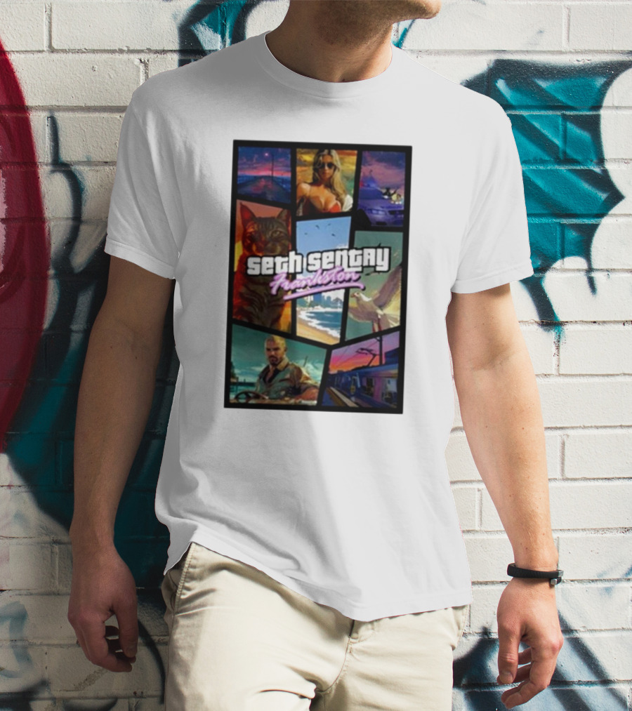 Seth Sentry Frankston GTA Style Art With Cat And City Scenes T-Shirt