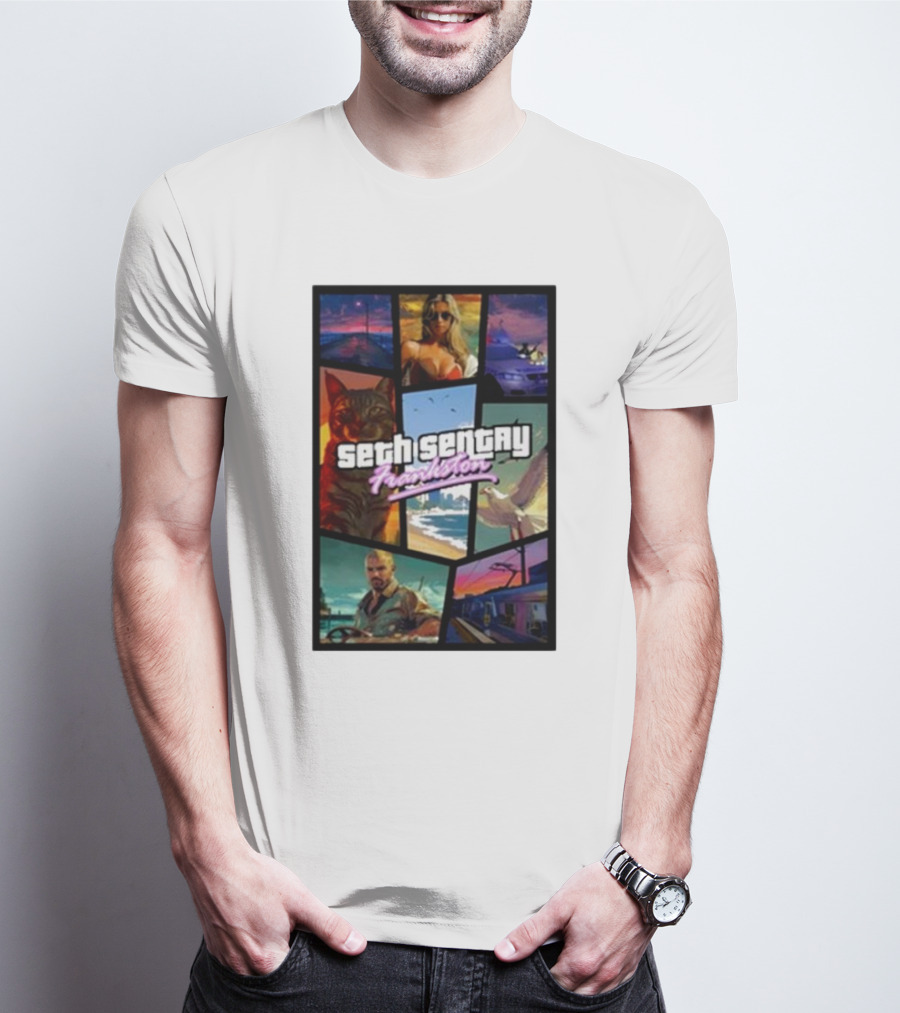 Seth Sentry Frankston GTA Style Art With Cat And City Scenes T-Shirt