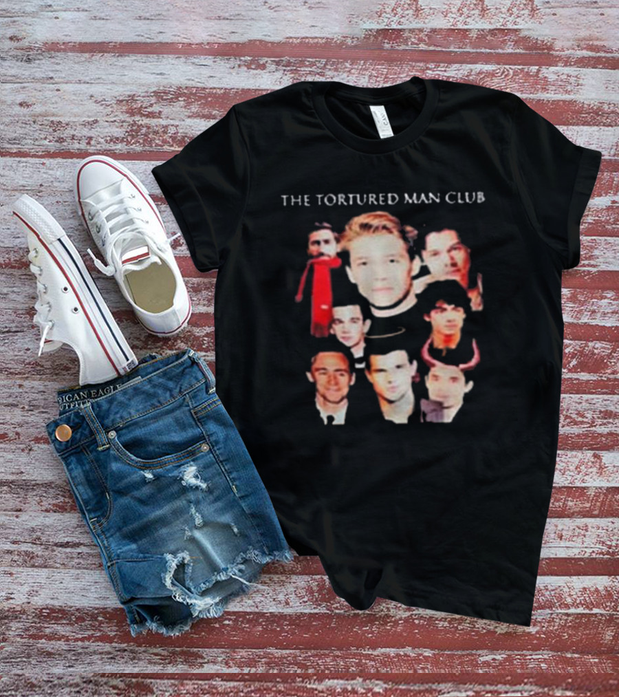 The Tortured Man Club: Collage Of Faces With Red Scarf And Horns T-Shirt