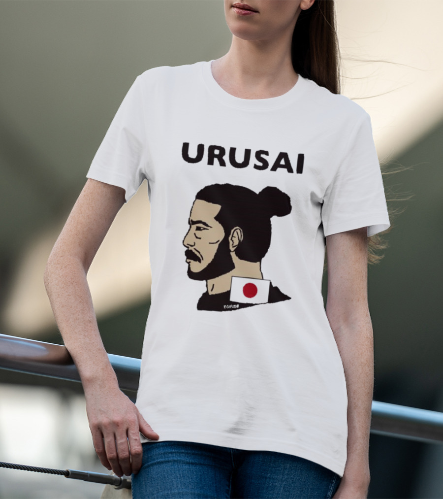 URUSAI Hiragana Ninja Japan Samurai Man Bun Profile With Flag T-Shirt