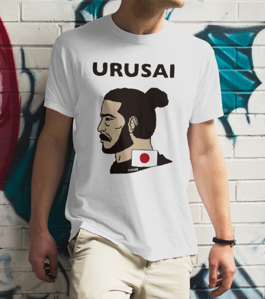 URUSAI Hiragana Ninja Japan Samurai Man Bun Profile With Flag T-Shirt