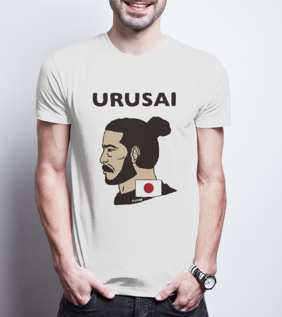 URUSAI Hiragana Ninja Japan Samurai Man Bun Profile With Flag T-Shirt
