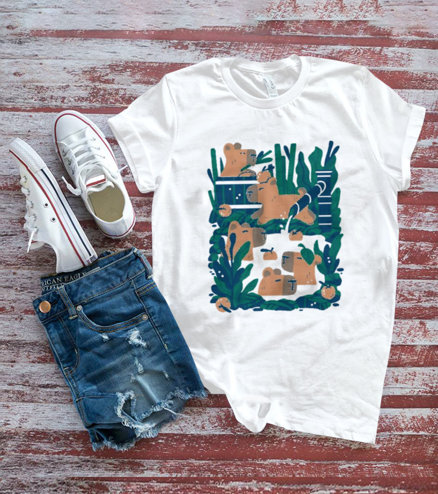 Bamboo Bath Bear Family Relaxing Amidst Greenery T-Shirt