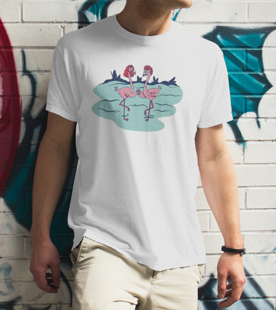 Flamingo Amigos In Blue Water Scene T-Shirt