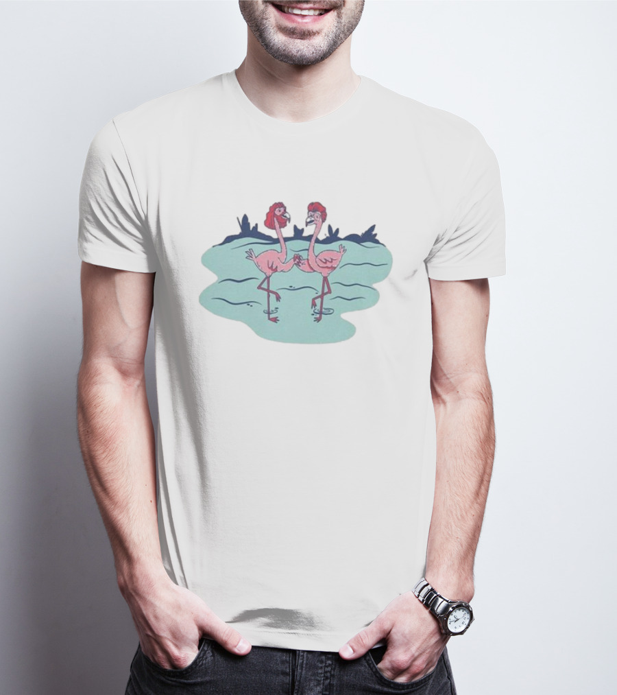 Flamingo Amigos In Blue Water Scene T-Shirt