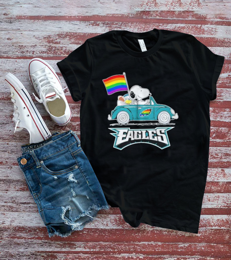 Philadelphia Eagles Pride Month Snoopy And Woodstock Rainbow Flag Parade T-Shirt
