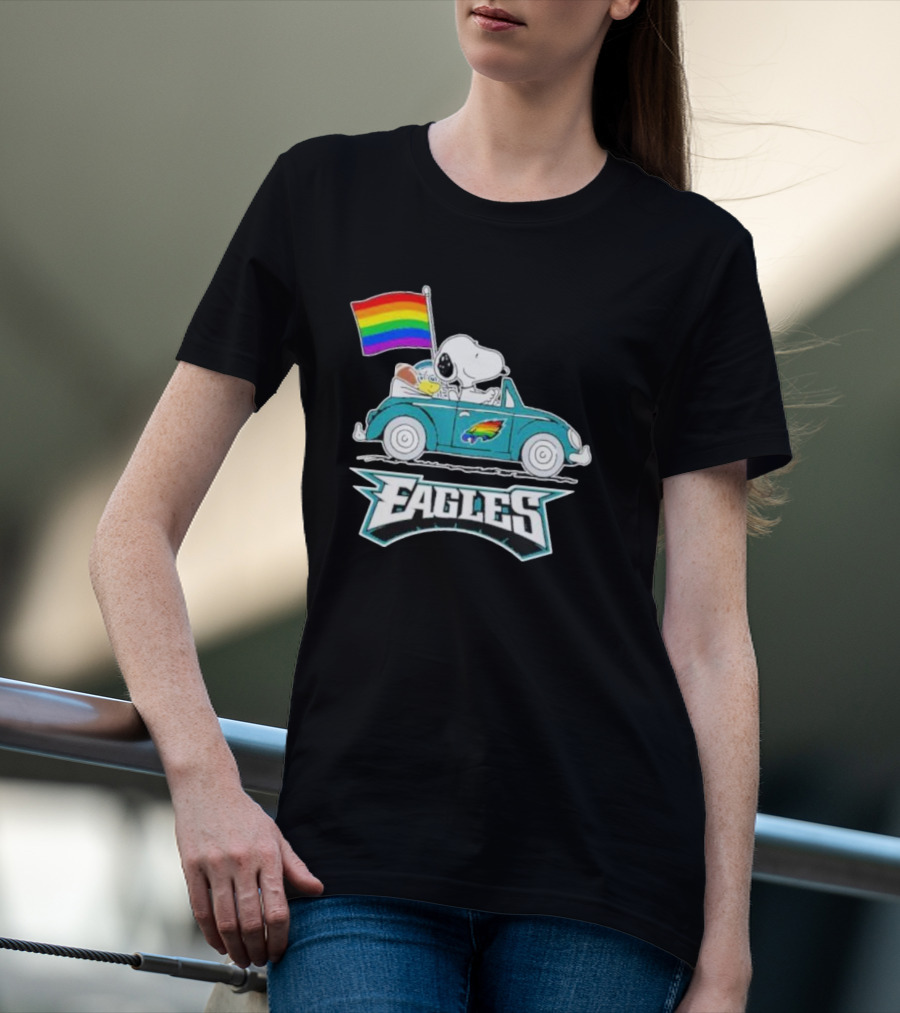 Philadelphia Eagles Pride Month Snoopy And Woodstock Rainbow Flag Parade T-Shirt