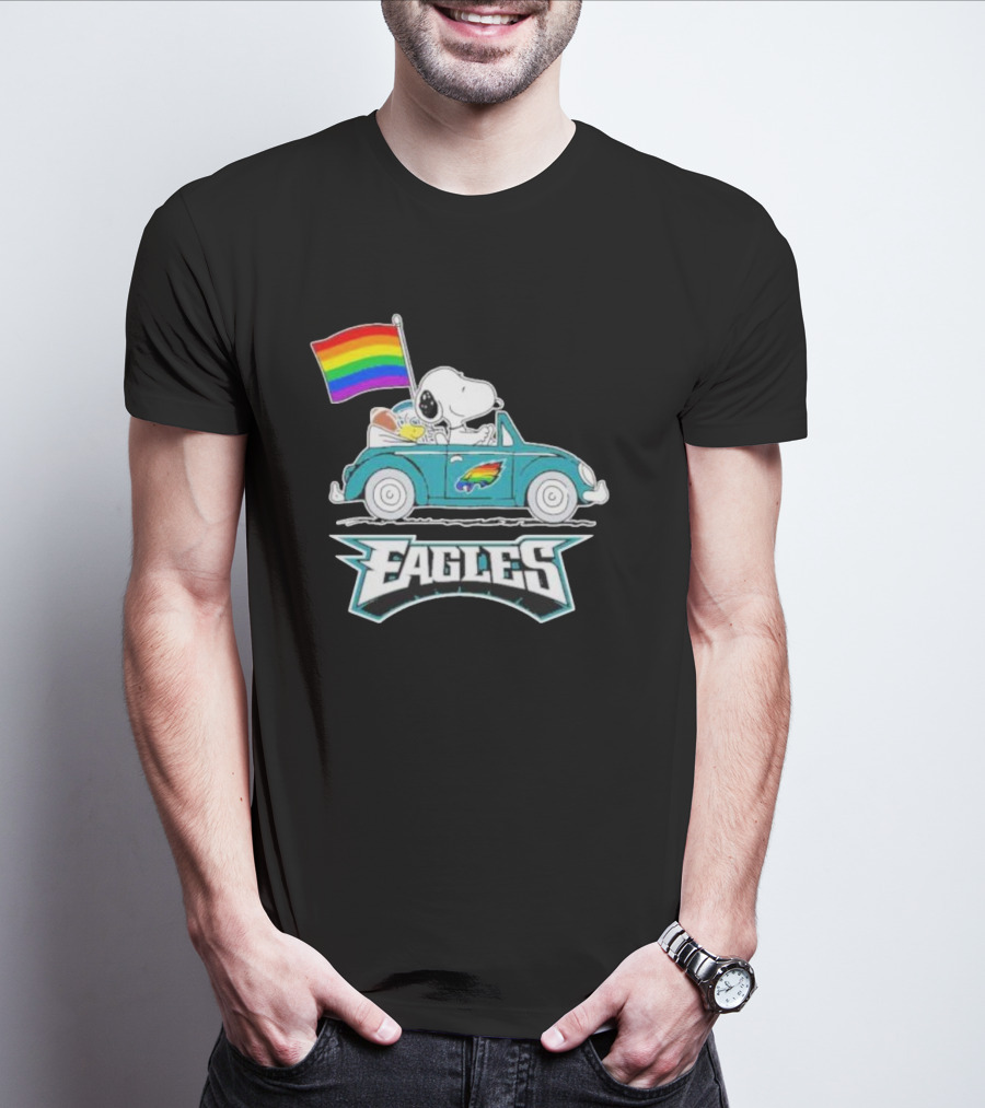 Philadelphia Eagles Pride Month Snoopy And Woodstock Rainbow Flag Parade T-Shirt