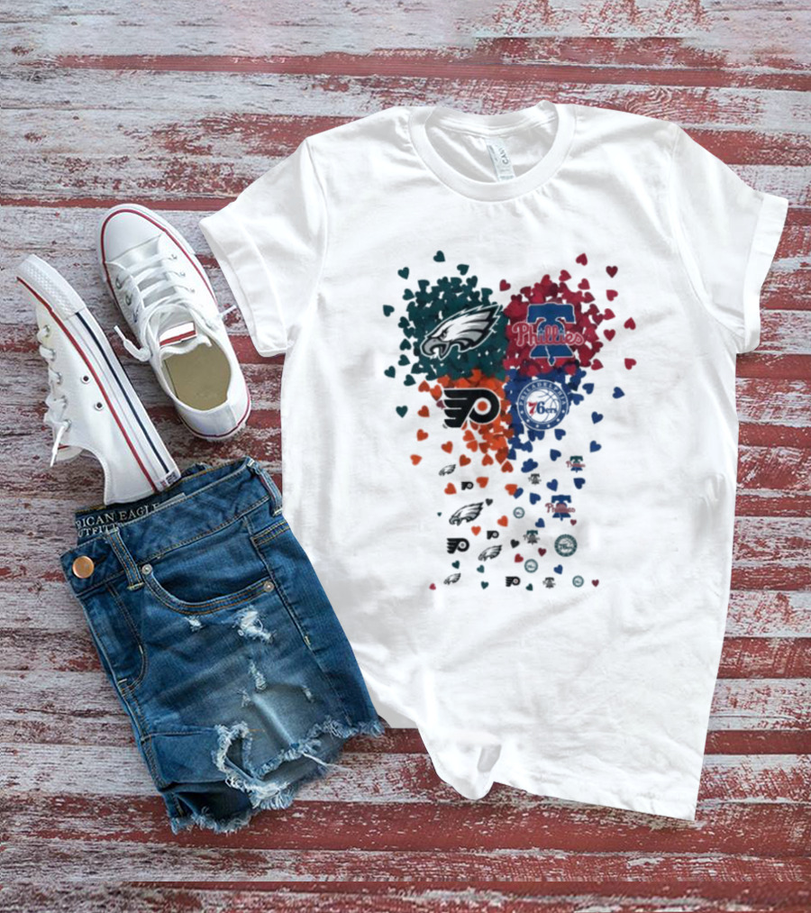 Philadelphia Eagles Phillies Flyers 76ers Logos And Hearts T-Shirt
