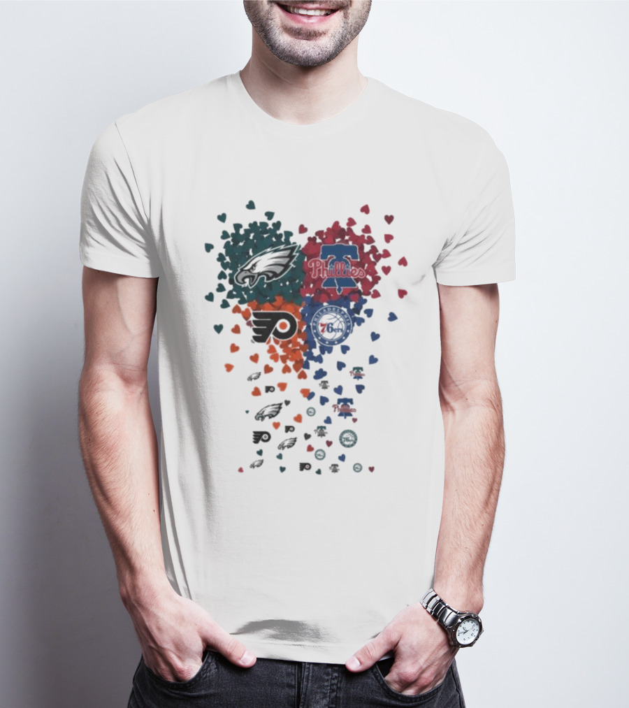 Philadelphia Eagles Phillies Flyers 76ers Logos And Hearts T-Shirt