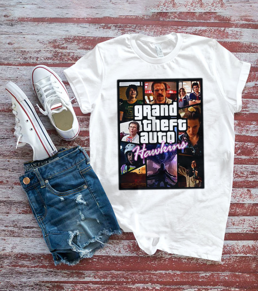 Stranger Things 3 Grand Theft Auto Hawkins Vintage Style Collage T-Shirt