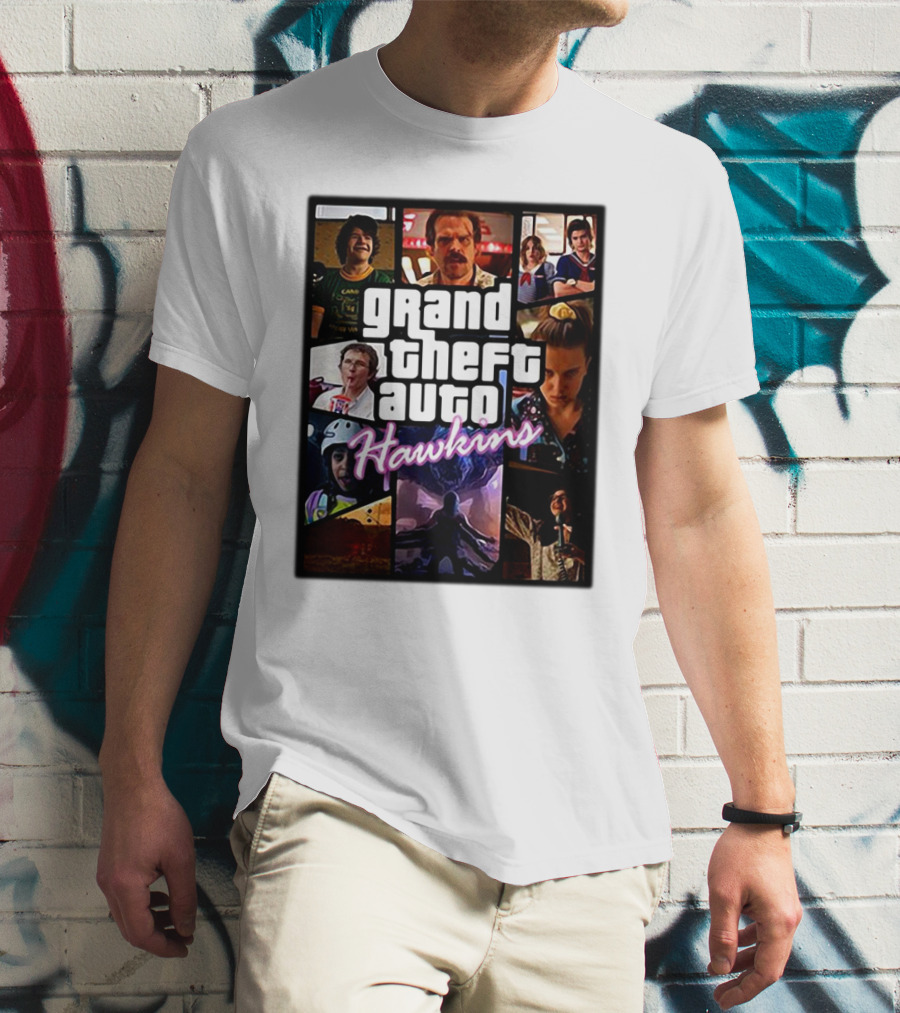 Stranger Things 3 Grand Theft Auto Hawkins Vintage Style Collage T-Shirt