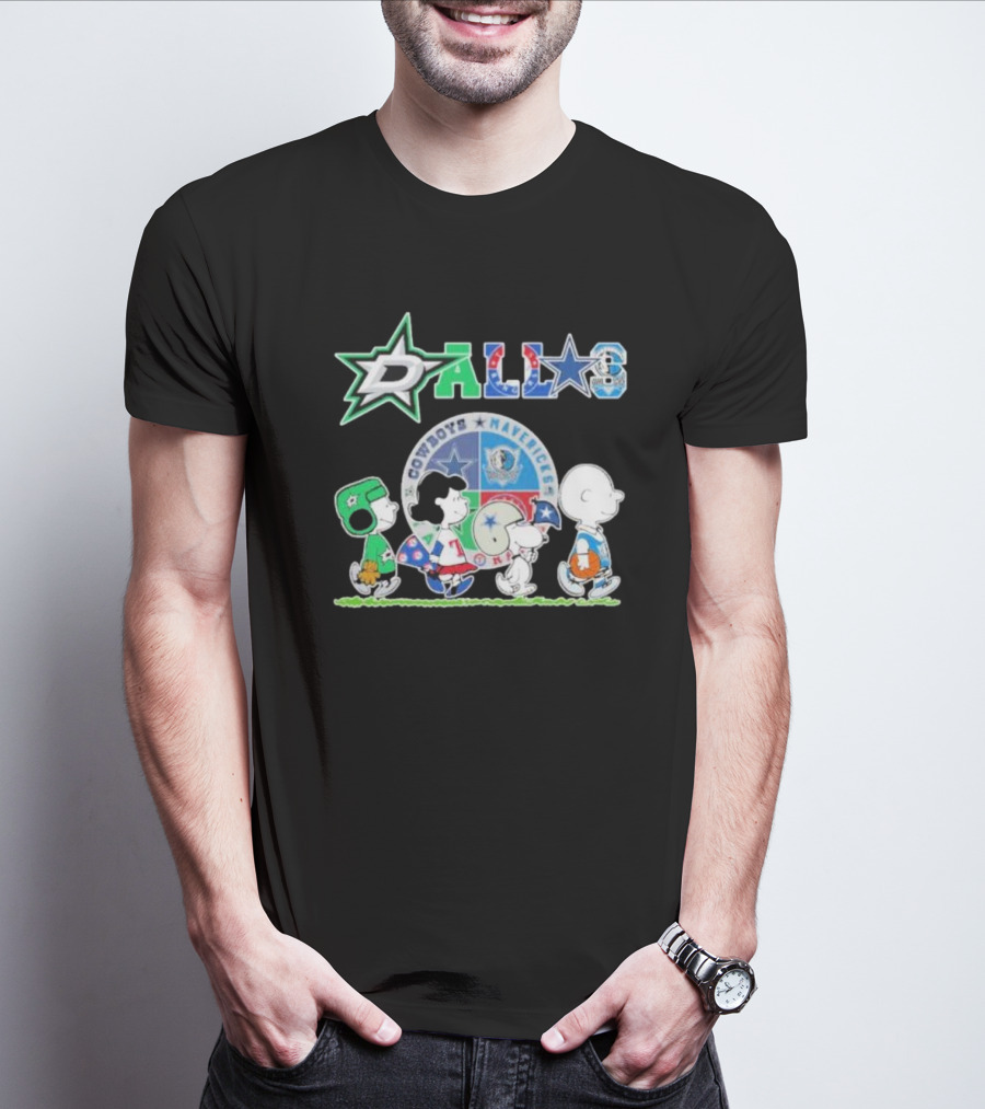 Peanuts Characters Walking With Dallas Cowboys Mavericks Stars T-Shirt