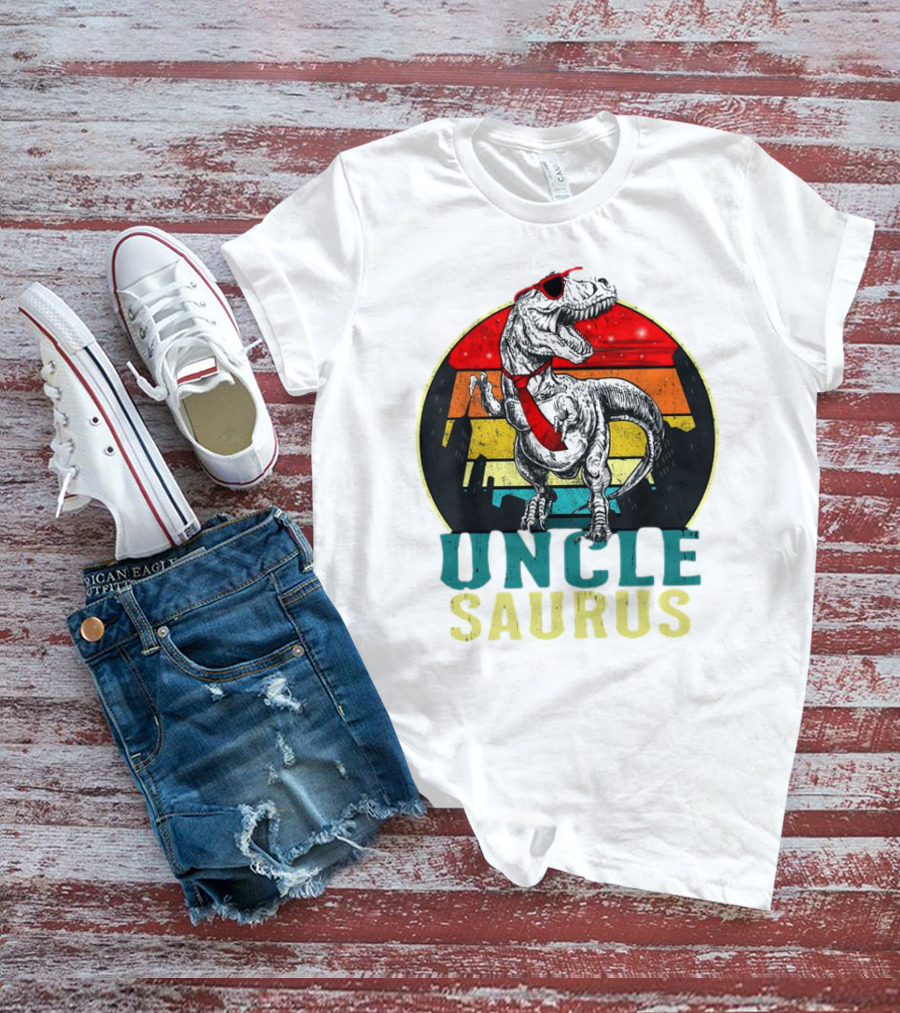 Uncle Saurus Rex Dinosaur With Sunglasses And Red Tie Fathers Day T-Shirt