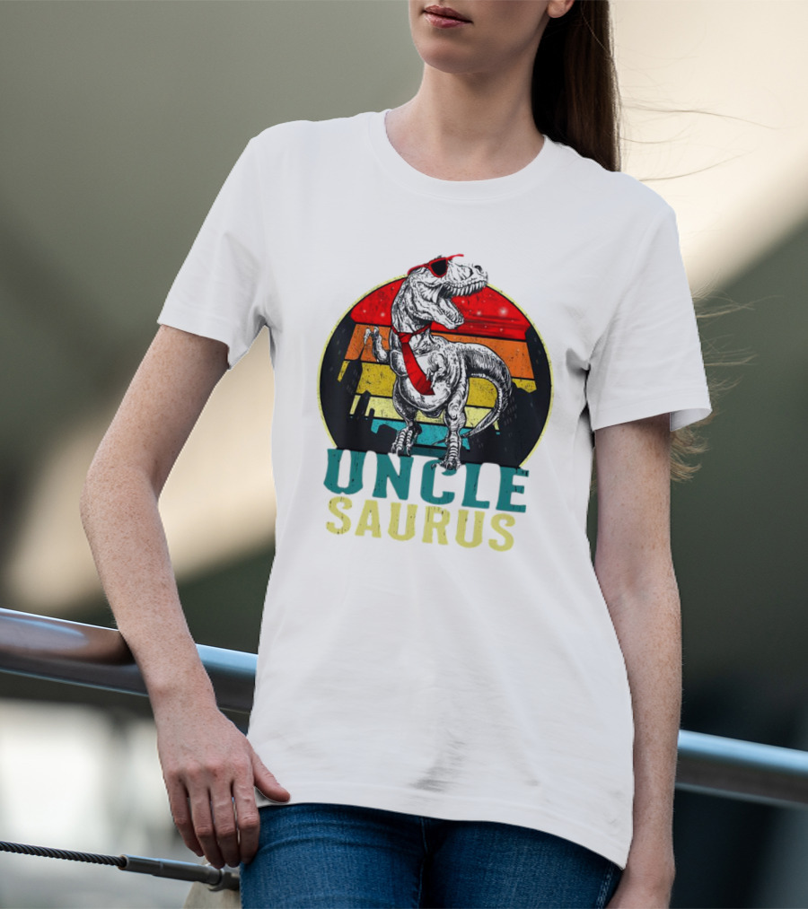 Uncle Saurus Rex Dinosaur With Sunglasses And Red Tie Fathers Day T-Shirt