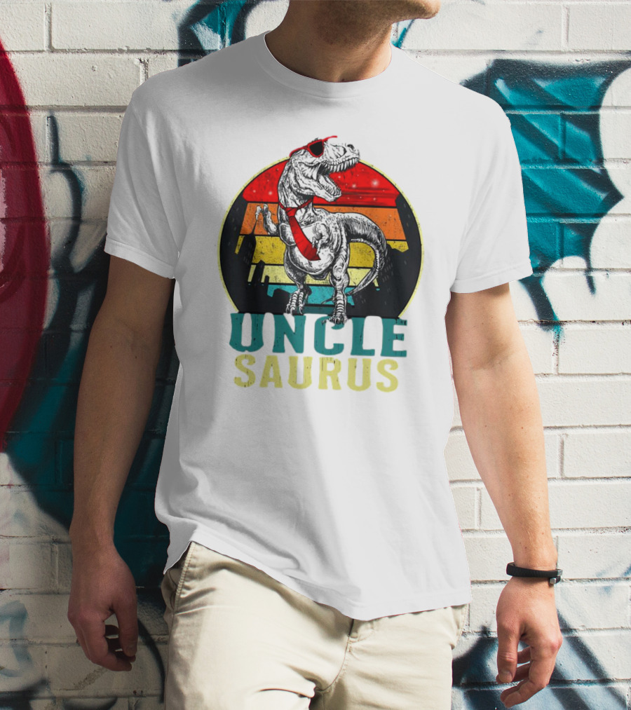 Uncle Saurus Rex Dinosaur With Sunglasses And Red Tie Fathers Day T-Shirt