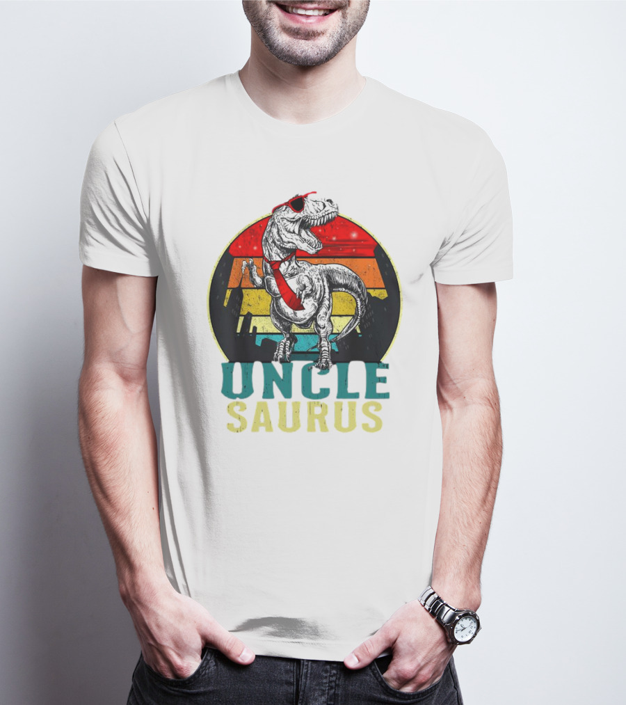 Uncle Saurus Rex Dinosaur With Sunglasses And Red Tie Fathers Day T-Shirt