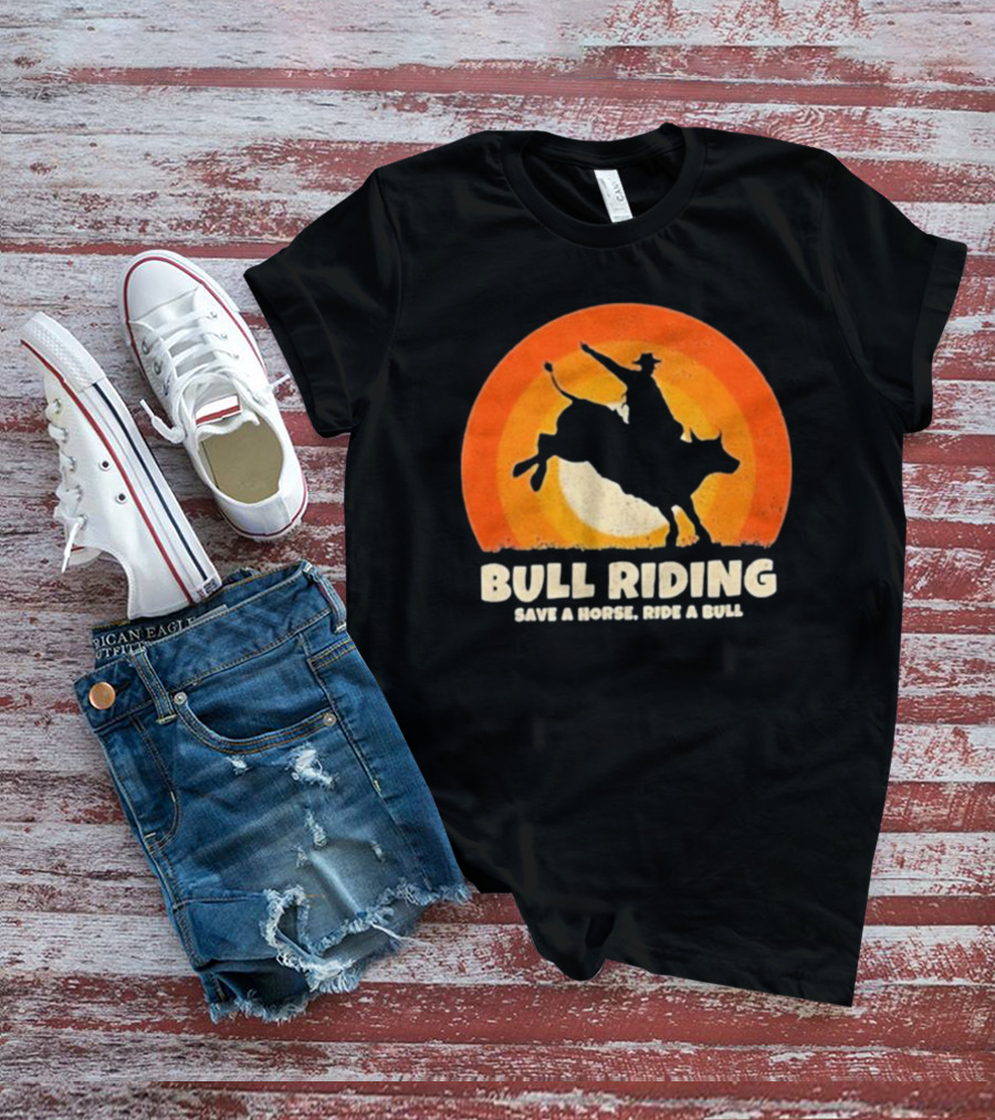 Bull Riding Save A Horse Ride A Bull Sunset Silhouette Cowboy Vintage T-Shirt