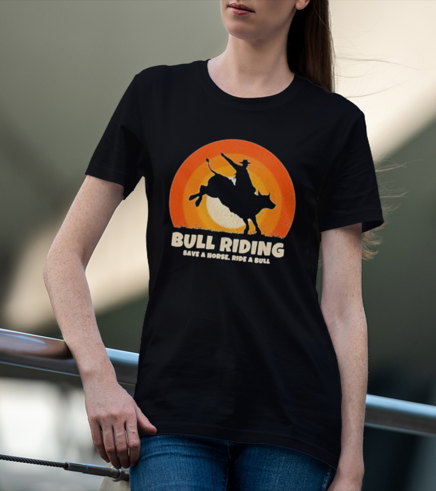 Bull Riding Save A Horse Ride A Bull Sunset Silhouette Cowboy Vintage T-Shirt