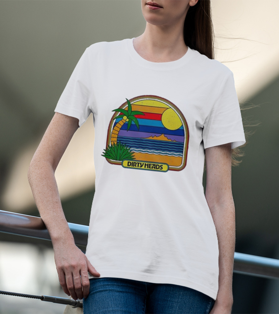 Dirty Heads Retro Beach Sunset Palms Ocean Scene T-Shirt