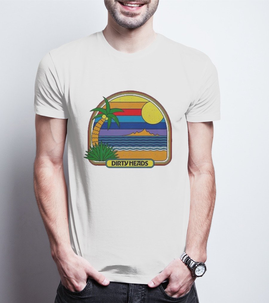 Dirty Heads Retro Beach Sunset Palms Ocean Scene T-Shirt