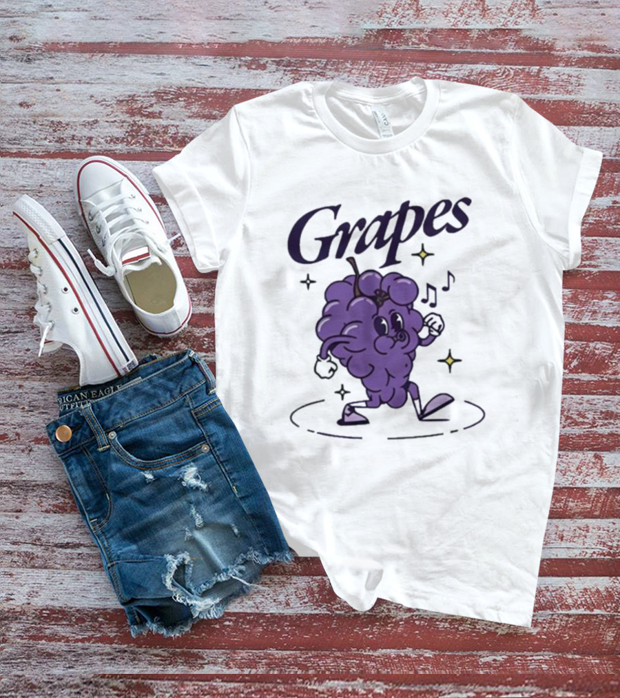 James Marriott Grapes Dancing Purple Cartoon With Musical Notes And Stars T-Shirt